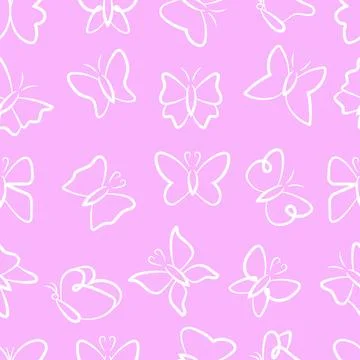 Seamless Butterfly Line Drawing Pattern isolated on pink background. Stock Illustration