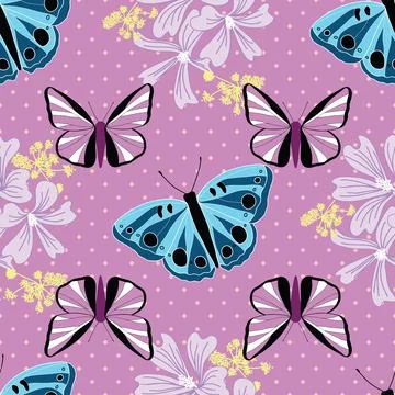 Seamless butterfly pattern with blue and purple butterflies and flowers on pu Stock Illustration