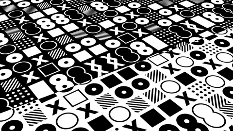 Seamless BW looping animation of grids, moving squares, circles, and Stock Footage 299879399