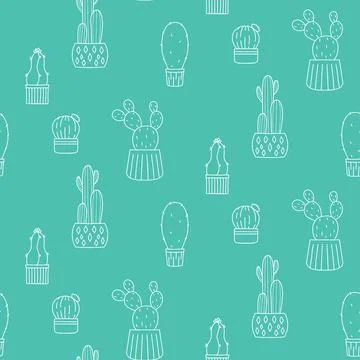 Seamless cactus pattern. Cactus template. Cacti in pots. Vector background... Stock Illustration