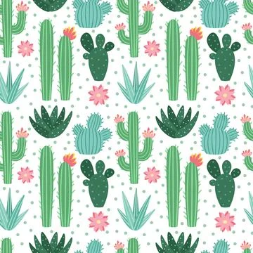 Seamless cactus pattern. Exotic desert cacti houseplants, repeating cactuse.. Stock Illustration