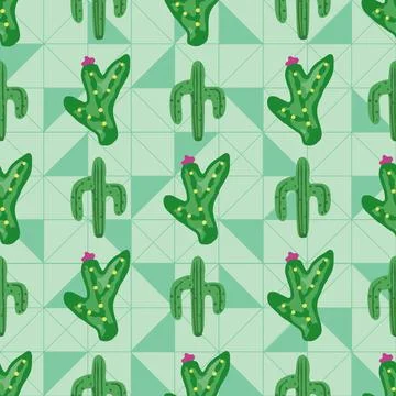 Seamless cactus pattern on green triangles background Stock Illustration