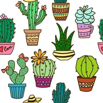 Seamless cactus pattern. Plant fabric print. Cartoon succulent drawing Stock Illustration