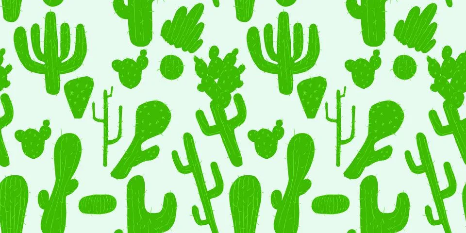 Seamless cactus pattern with simple green silhouettes on a light background Stock Illustration