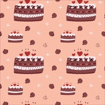 Seamless cake pattern with hearts and decorative elements on pink background Stock Illustration