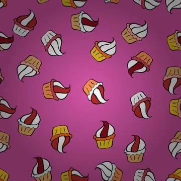 Seamless cakes pattern. Food elements colorful repeated sketch on white and pink Stock Illustration