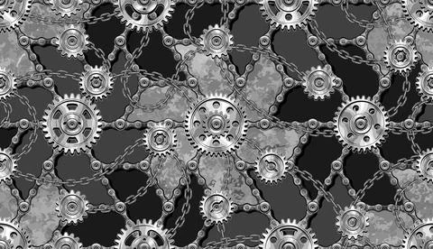 Seamless camouflage pattern with gearwheels, rivets chains, metallic surface イラスト素材
