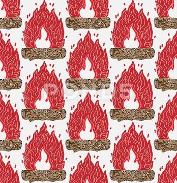 Seamless Campfire Flame Pattern Vector  Stylized Fire and Wood Logs Texture,  Illustrazione stock