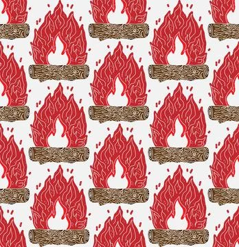 Seamless Campfire Flame Pattern Vector  Stylized Fire and Wood Logs Texture,  Stockillustratie