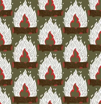 Seamless Campfire Flame Pattern Vector  Stylized Fire and Wood Logs Texture,  Ilustración de archivo