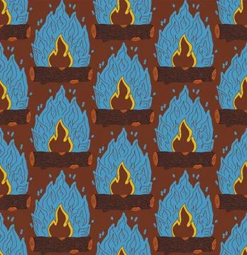 Seamless Campfire Flame Pattern Vector  Stylized Fire and Wood Logs Texture,  Stock Illustration
