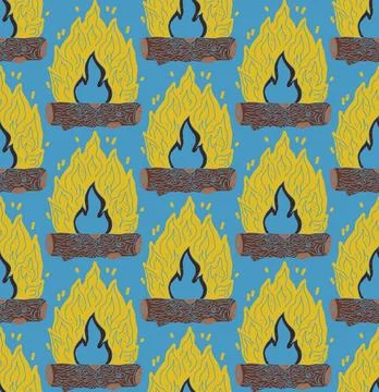 Seamless Campfire Flame Pattern Vector  Stylized Fire and Wood Logs Texture,  Stock Illustration