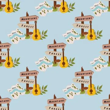 Seamless camping pattern with map, guitar, mushroom and wooden pointer to m.. Stock Illustration