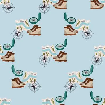 Seamless camping pattern with map, hiking boot, compass and compass rose on.. 库存插图