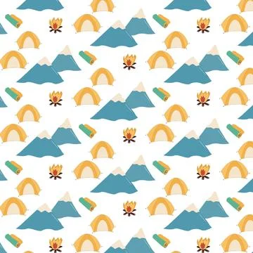 Seamless camping pattern of mountain, tent, fire 스톡 일러스트