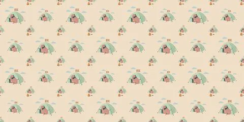 Seamless camping pattern with tents trees mountains and campfires on beige Stock Illustration