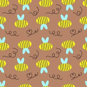 Seamless canvas with bee and dotted curls on a brown background. Stock Illustration