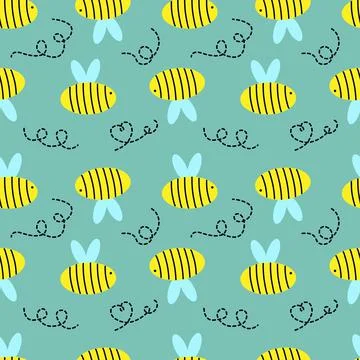 Seamless canvas with bee and dotted curls on a green background. Stock Illustration