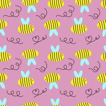 Seamless canvas with bee and dotted curls on a pink background. Stock Illustration