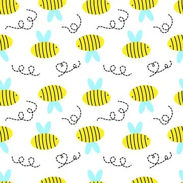 Seamless canvas with bee and dotted curls on a white background. Stock Illustration