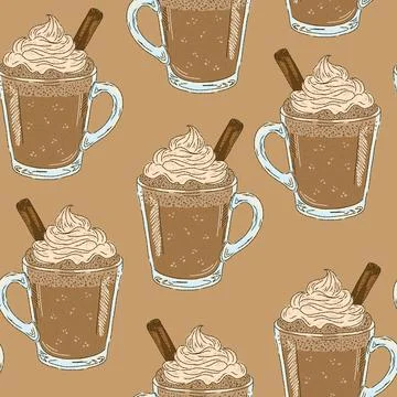 Seamless Cappuccino Cup Pattern Vector Hand Drawn Mediterranean Style Coffee  イラスト素材