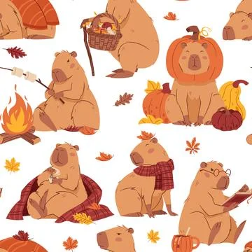 Seamless Capybara Pattern with Pumpkin Hat, Bonfire and Blanket in Cute Flat イラスト素材