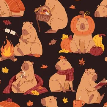 Seamless Capybara Pattern with Pumpkin Hat, Bonfire and Blanket in Cute Flat 스톡 일러스트