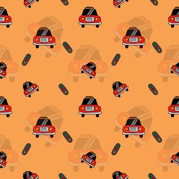 Seamless car and red light pattern design. design for kids Stock Illustration
