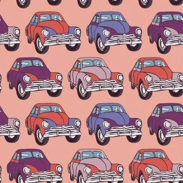 Seamless car pattern. Sketch. Pink, lilac, purple. vector 스톡 일러스트