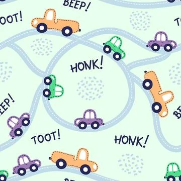 Seamless car pattern with text beep, honk, toot, circle road. Flat children d Stock Illustration