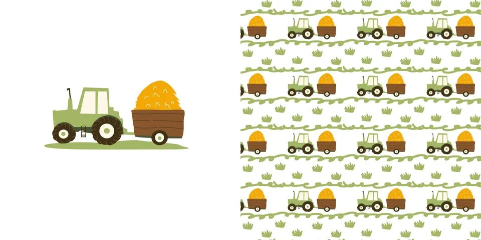 Seamless car tractor print with pattern set. Cartoon farm pattern of tracto.. Stock Illustration