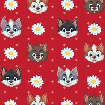 Seamless Cartoon Cat Faces and Daisy Flowers Pattern on Red Background Illustrazione stock