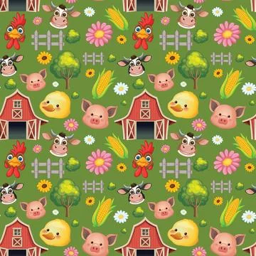 Seamless Cartoon Farm Pattern with Animals and Red Barns Stock Illustration