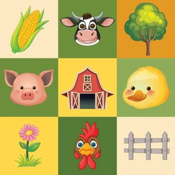 Seamless Cartoon Farm Pattern with Animals and Agricultural Elements 스톡 일러스트