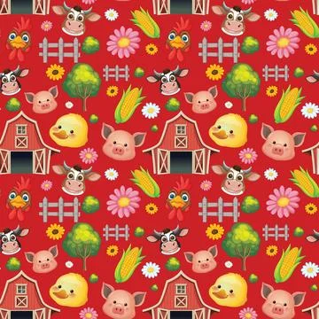 Seamless Cartoon Farm Pattern with Animals and Barns on Red Background Illustrazione stock