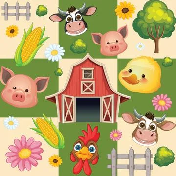 Seamless Cartoon Farm Pattern with Red Barn and Cute Animals Stock Illustration
