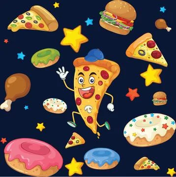 Seamless Cartoon Fast Food Pattern with Running Pizza Character and Stars 스톡 일러스트
