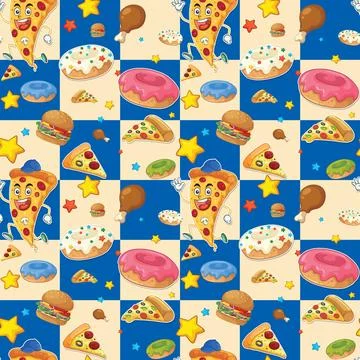 Seamless Cartoon Fast Food Pattern on Blue and Cream Checkerboard Background 스톡 일러스트