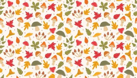 Seamless cartoon flat style pattern with autumn leaf, mushroom, and small d.. Stock Illustration