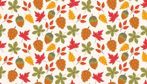 Seamless cartoon flat style pattern with autumn leaf, rosehip, cone, and acor Illustrazione stock