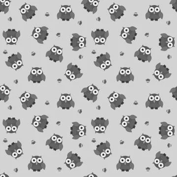 Seamless cartoon owl pattern in greyscale Stock Illustration
