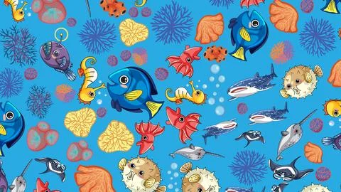 Seamless Cartoon Pattern of Colorful Ocean Animals and Coral Reef Life Stock Illustration