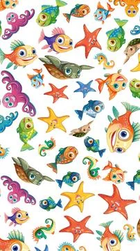 Seamless Cartoon Pattern of Colorful Ocean Animals and Sea Creatures Stock Illustration