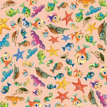 Seamless Cartoon Pattern with Colorful Ocean Animals and Sea Life Stock Illustration