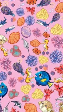 Seamless Cartoon Pattern of Colorful Ocean Animals and Coral Reef 库存插图