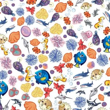 Seamless Cartoon Pattern of Colorful Ocean Animals and Coral Reef Life 库存插图