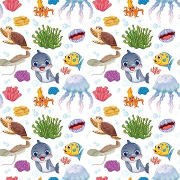 Seamless Cartoon Pattern with Friendly Marine Animals and Coral Reef Elements イラスト素材