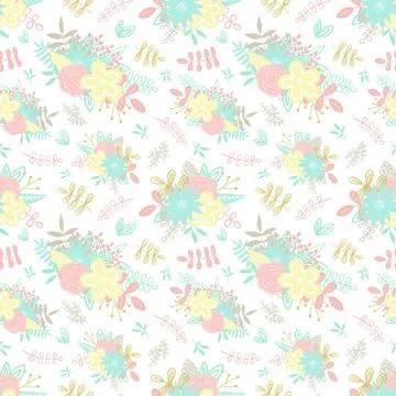 Seamless cartoon pattern hand-drawn floral elements, bouquets, flowers and le イラスト素材