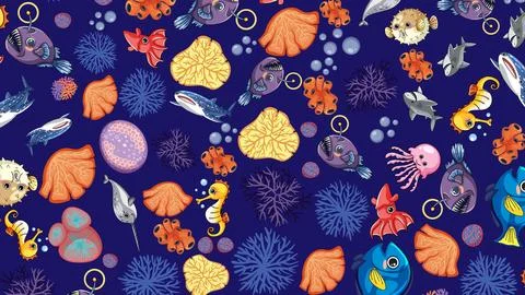 Seamless Cartoon Pattern of Ocean Animals and Coral Reef Life Stockillustratie