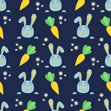 Seamless cartoon pattern with rabbit heads on a dark background. Simple cartoon イラスト素材
